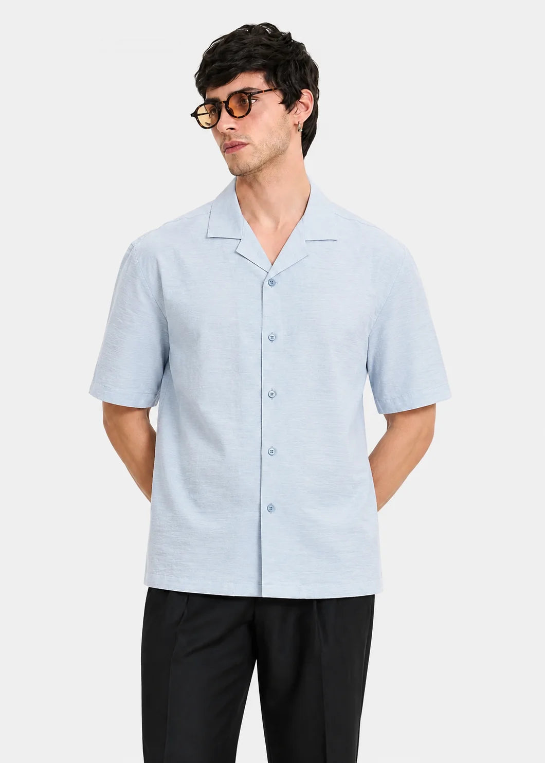 Ice Blue Textured Cuban Collar Shirt