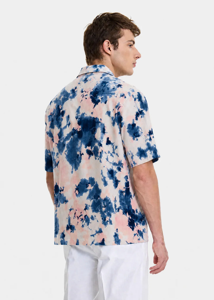 Blue Cloud Print Cuban Collar Shirt & Pure White Stretch Denim Jeans