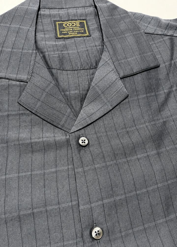 Grey Textured Cuban Collar Shirt