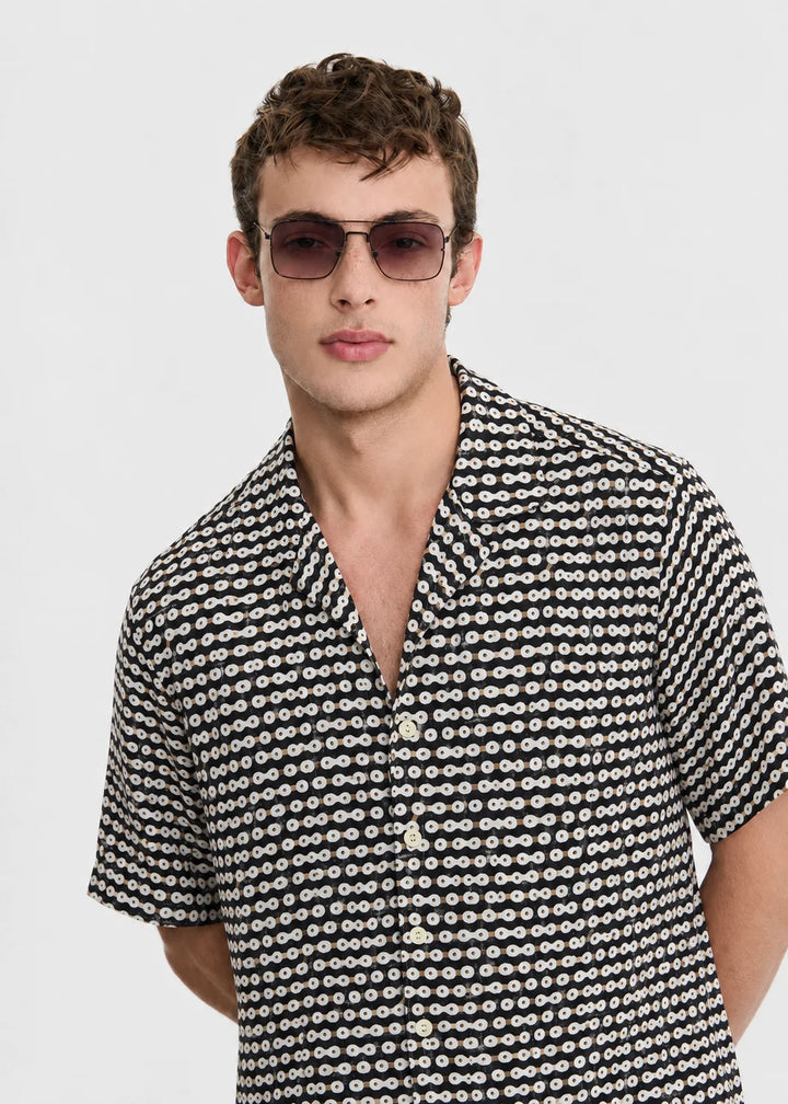 Black Geometric Cuban Collar Shirt