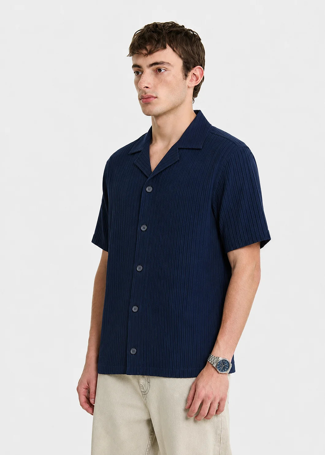 Navy Textured Cuban Collar Shirt
