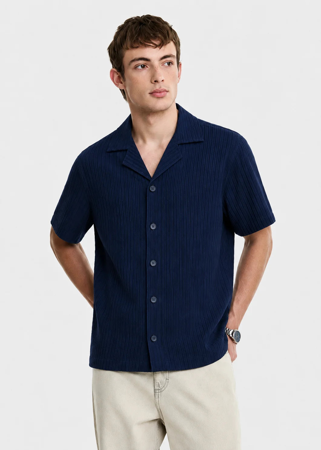 Navy Textured Cuban Collar Shirt