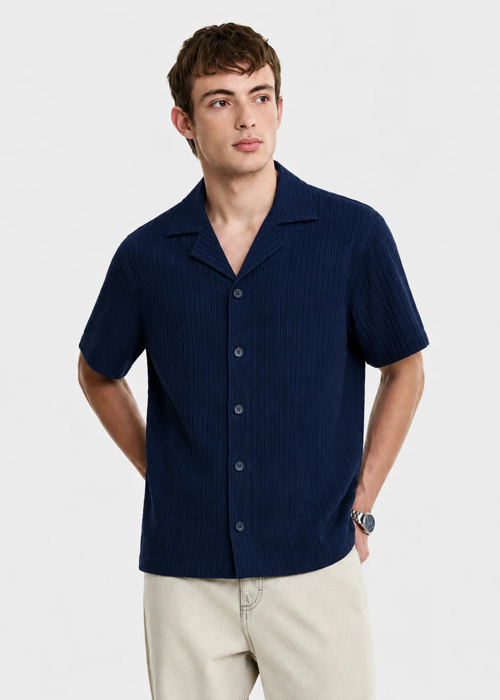 Navy Textured Cuban Collar Shirt