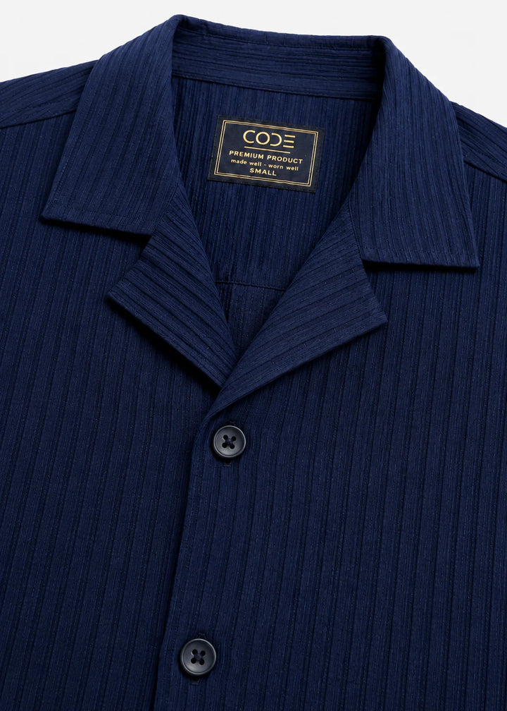 Navy Textured Cuban Collar Shirt
