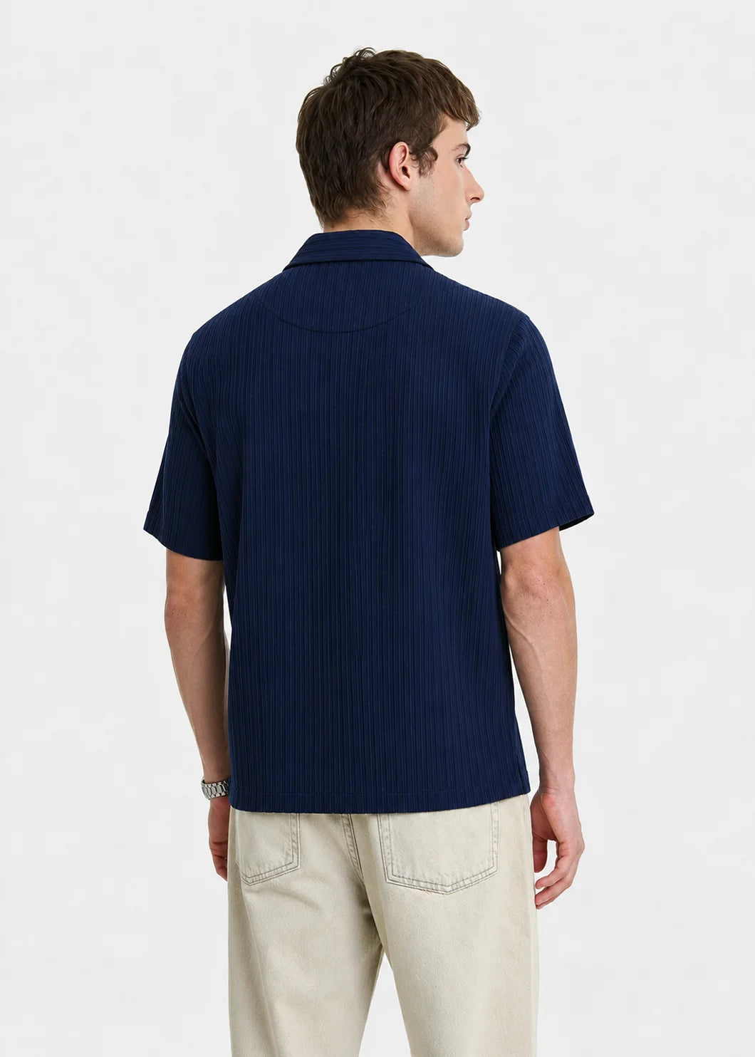 Navy Textured Cuban Collar Shirt