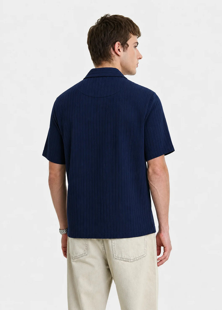 Navy Textured Cuban Collar Shirt