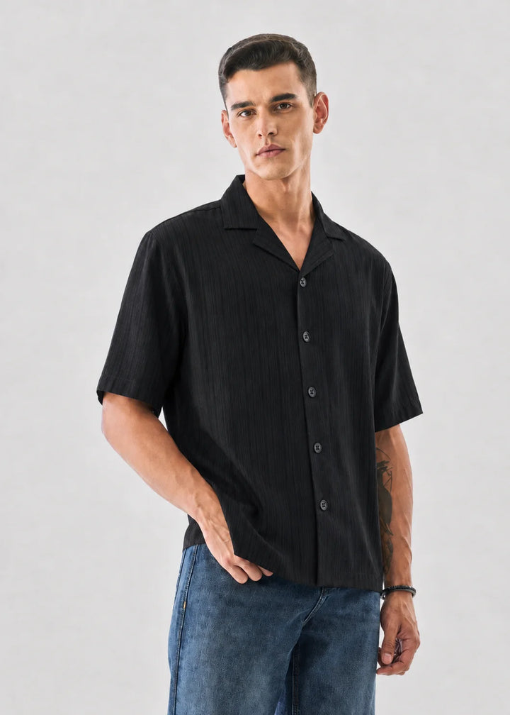 Deep Black Textured Cuban Collar Shirt