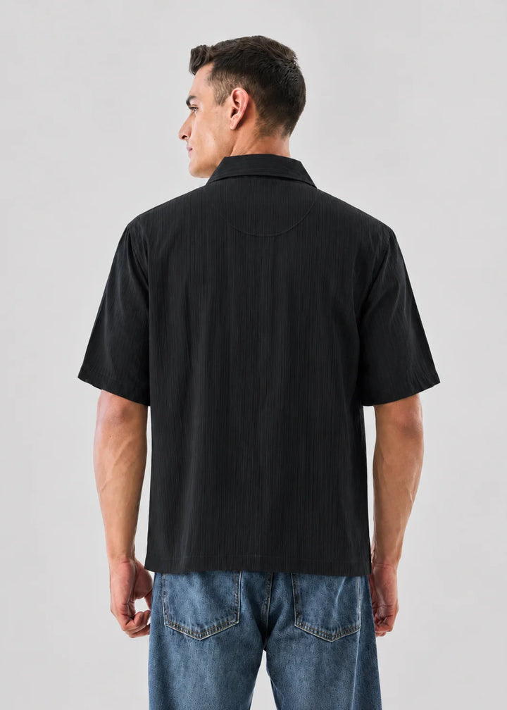 Deep Black Textured Cuban Collar Shirt