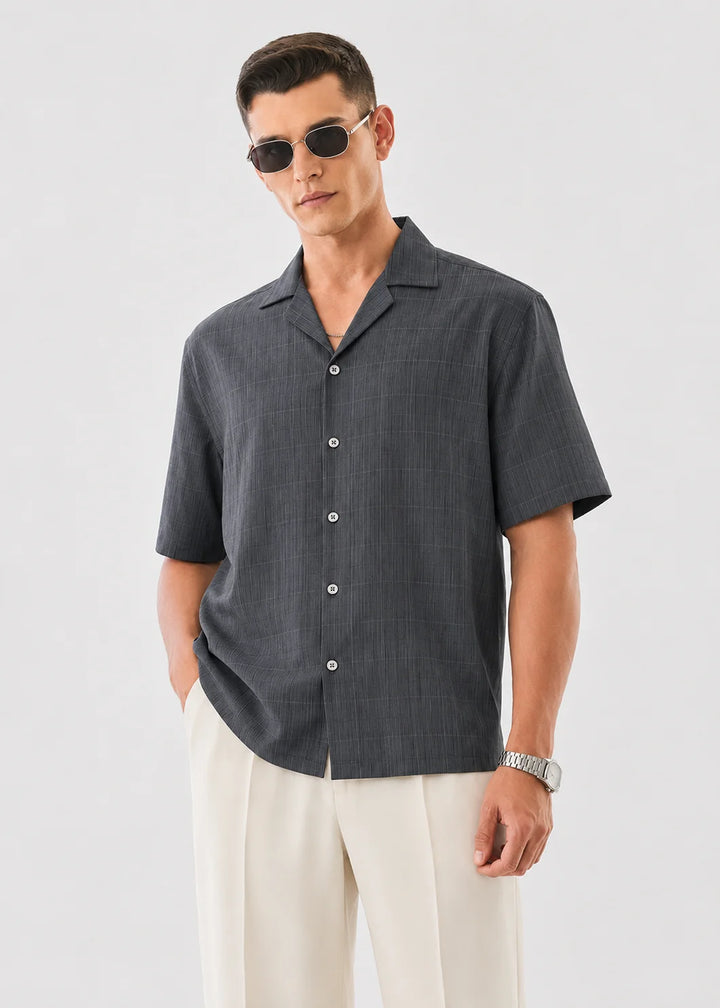 Grey Textured Cuban Collar Shirt