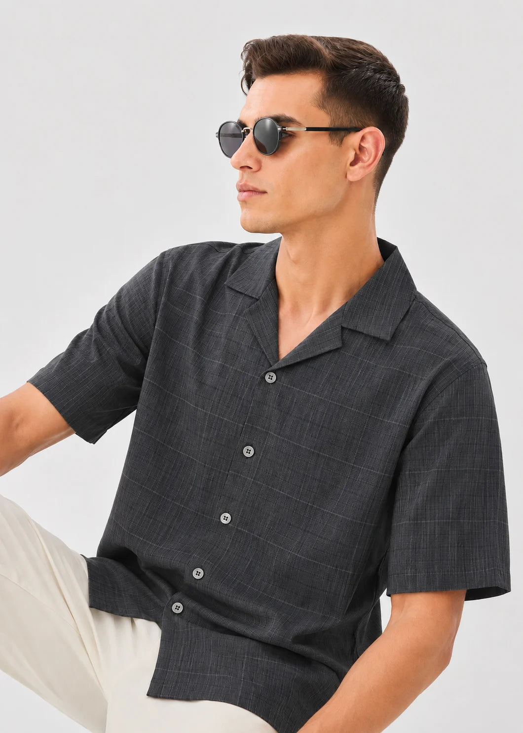 Grey Textured Cuban Collar Shirt