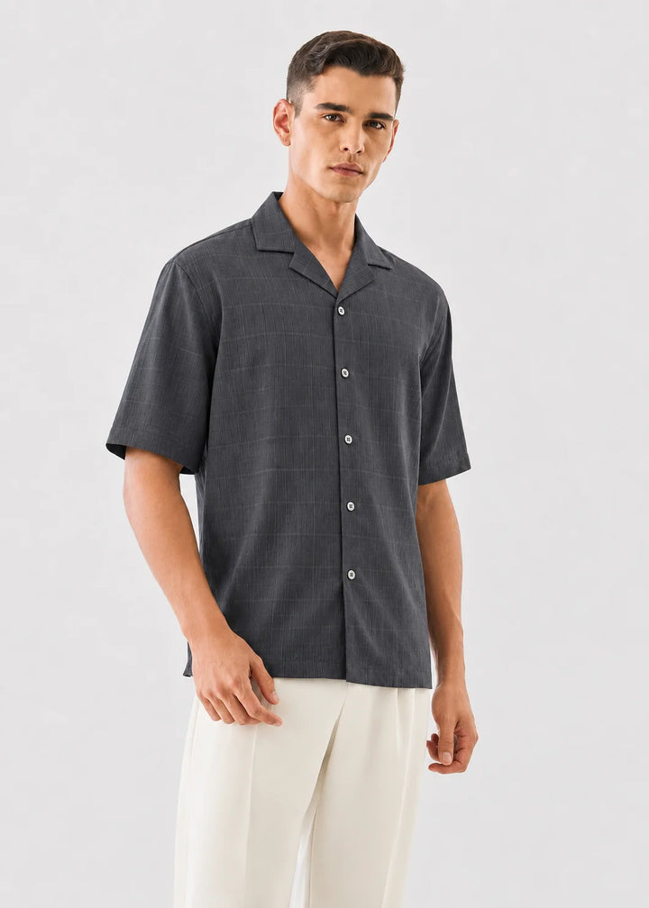 Grey Textured Cuban Collar Shirt