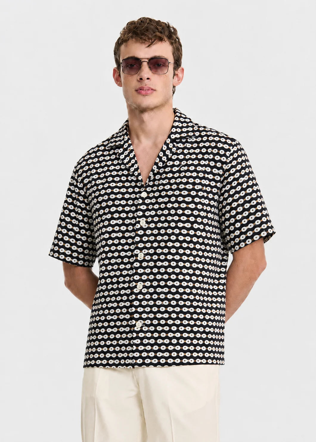 Black Geometric Cuban Collar Shirt