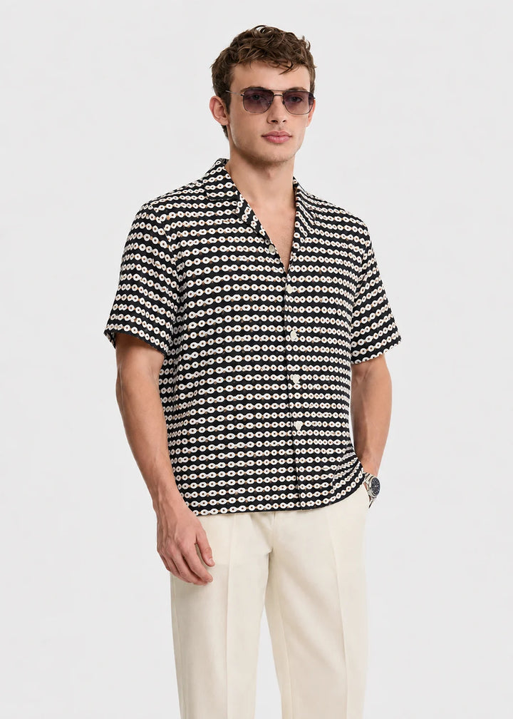 Black Geometric Cuban Collar Shirt