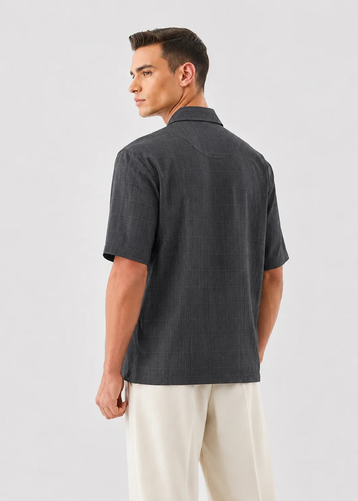 Grey Textured Cuban Collar Shirt