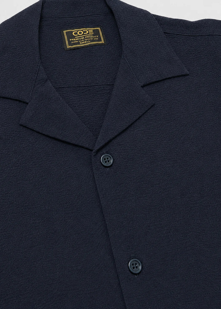 Navy Minimal Textured Cuban Collar Shirt