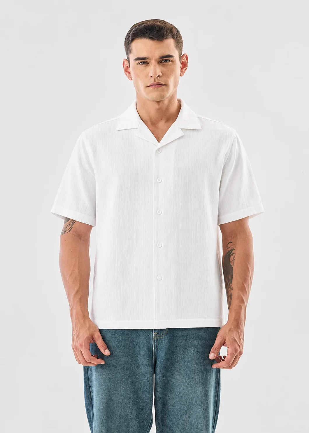 White Textured Cuban Collar Shirt