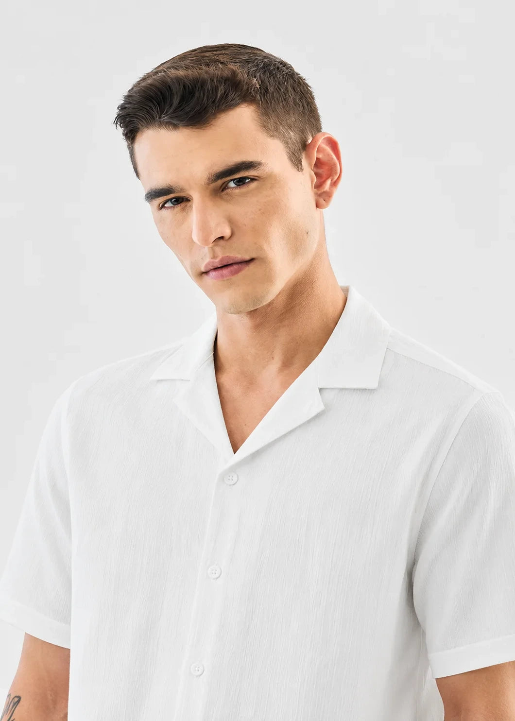 White Textured Cuban Collar Shirt