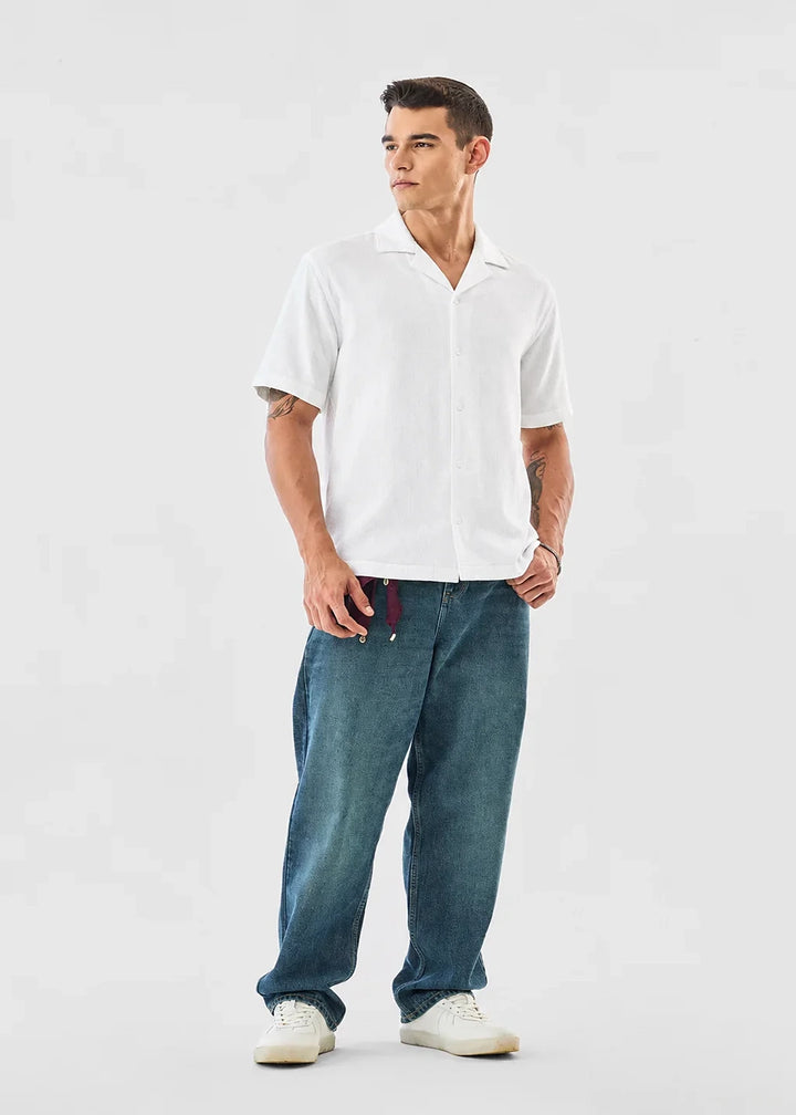 White Textured Cuban Collar Shirt