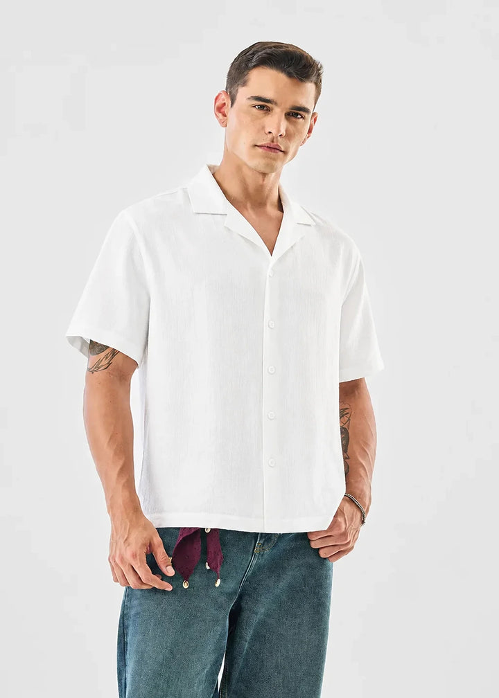 White Textured Cuban Collar Shirt