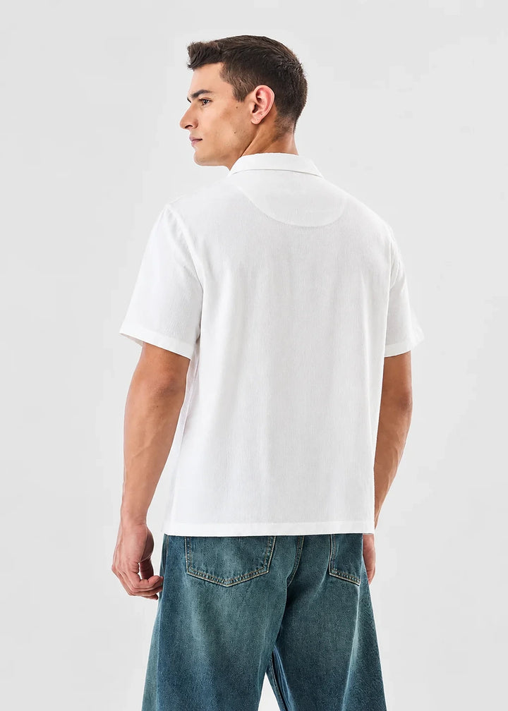 White Textured Cuban Collar Shirt