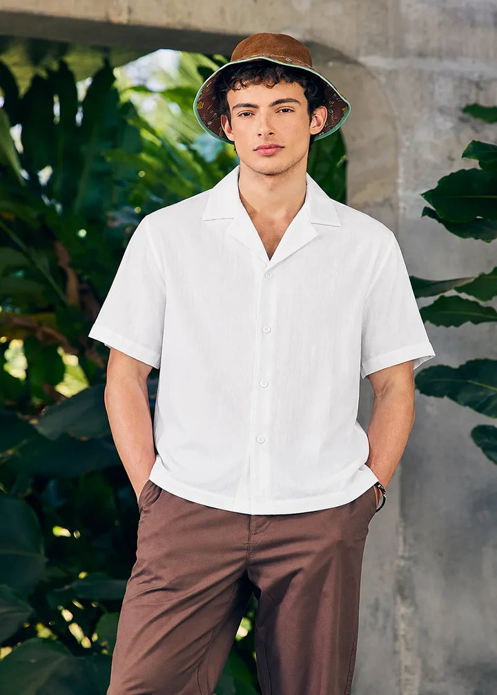 White Textured Cuban Collar Shirt