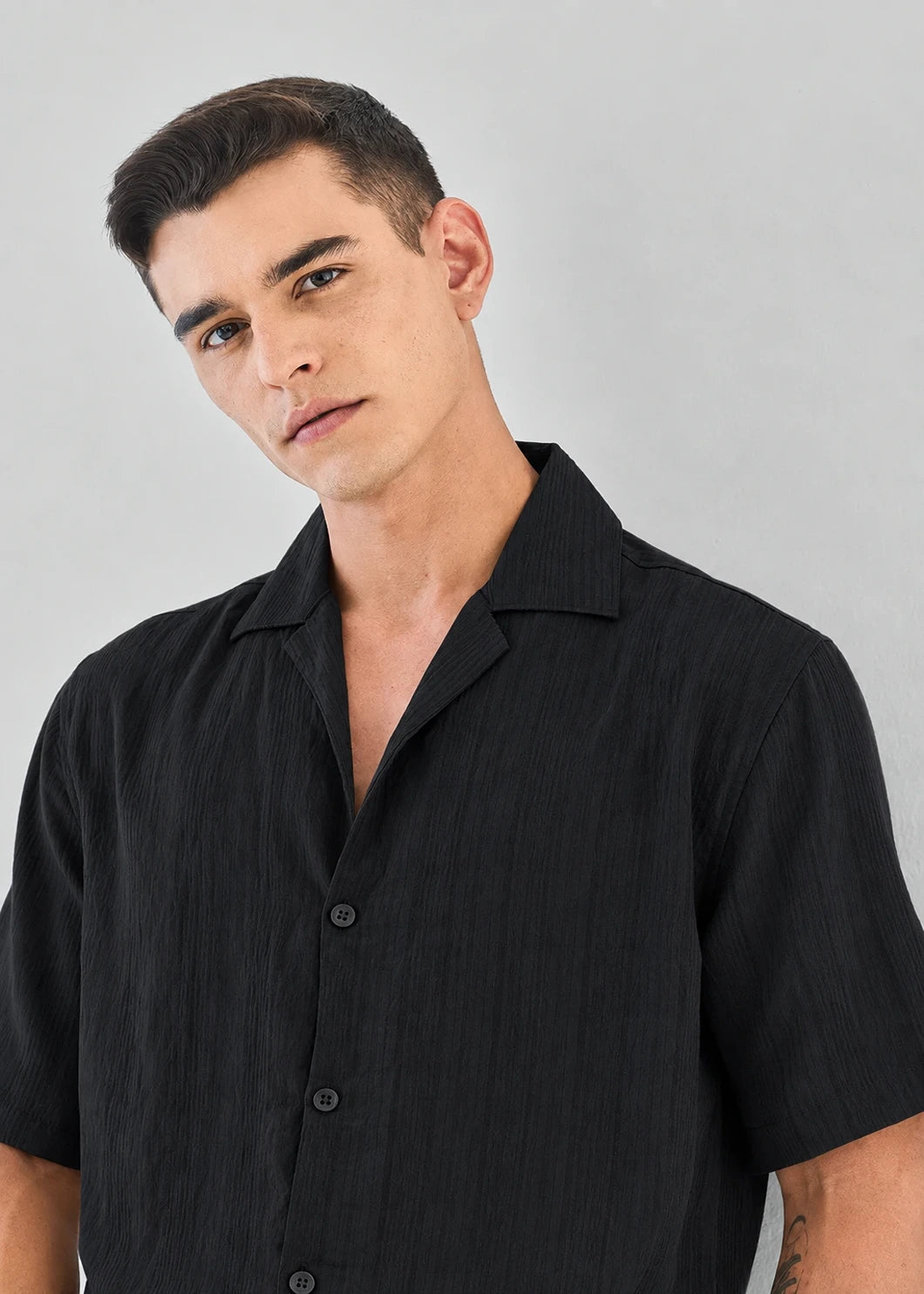 Deep Black Textured Cuban Collar Shirt