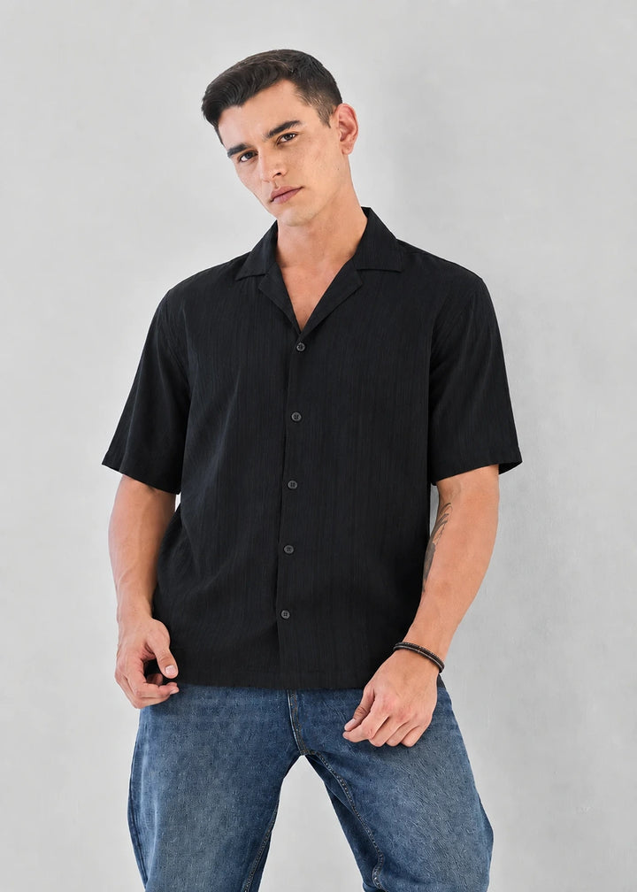 Deep Black Textured Cuban Collar Shirt