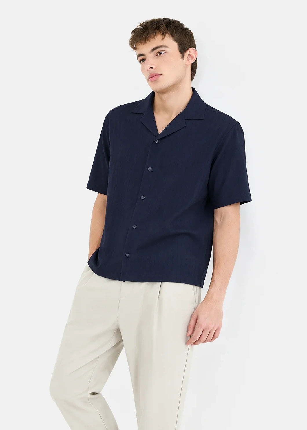 Royal Navy Silk Cuban Collar Shirt & Brown Stretch Chinos