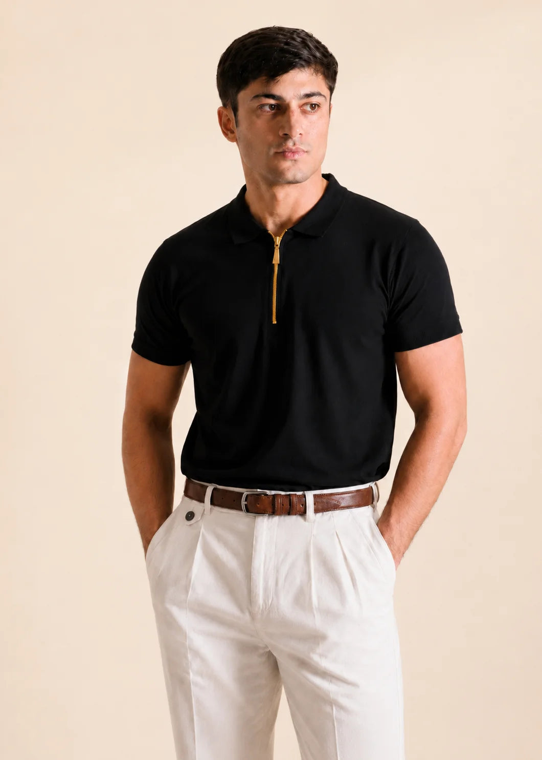 Black Pique Zipper Polo