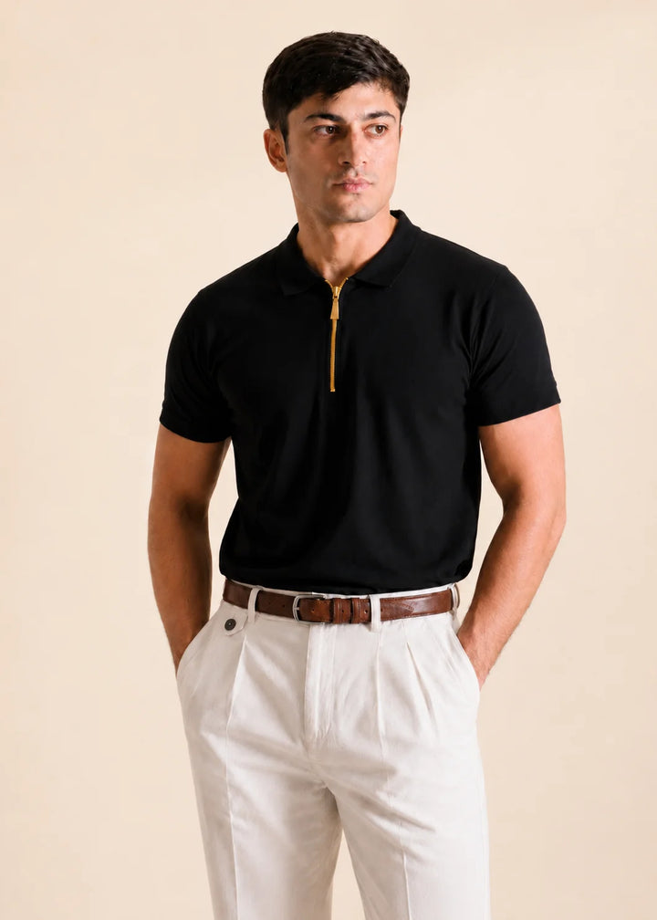 Black Pique Zipper Polo