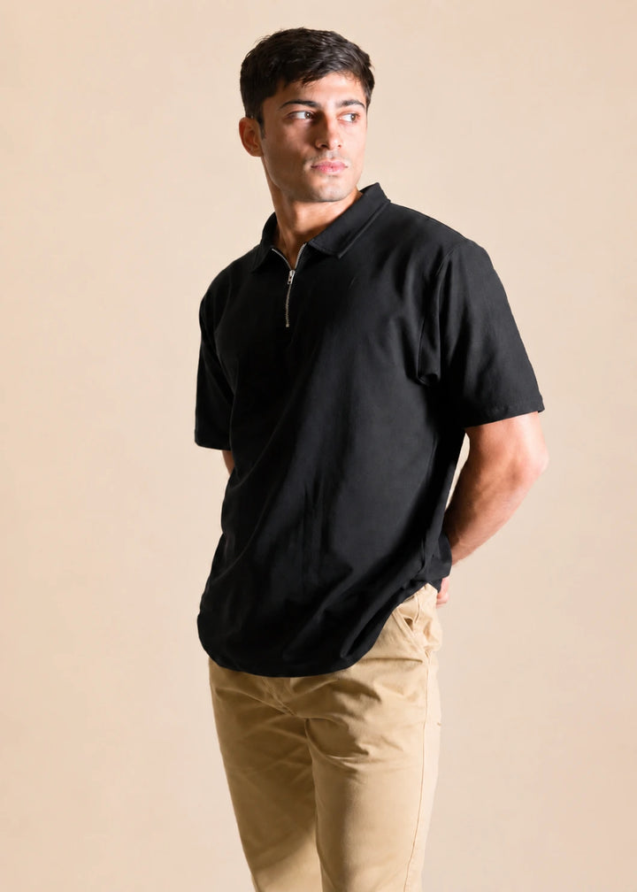 Relaxed Zipper Polo Shirt – Black