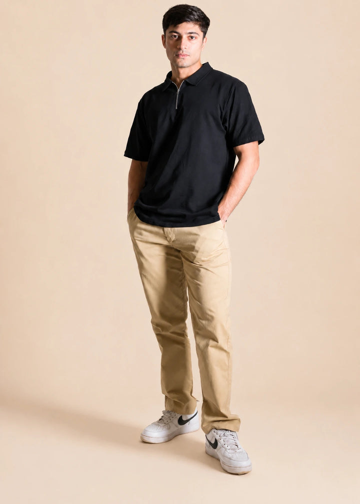 Relaxed Zipper Polo Shirt – Black