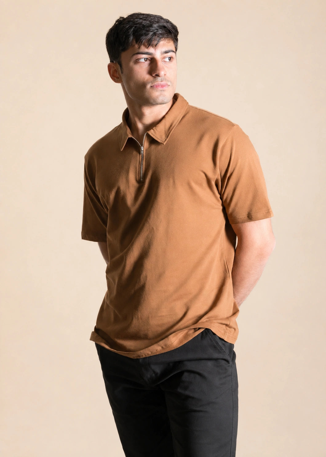 Relaxed Zipper Polo Shirt – Camel Brown