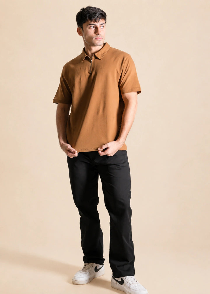 Relaxed Zipper Polo Shirt – Camel Brown