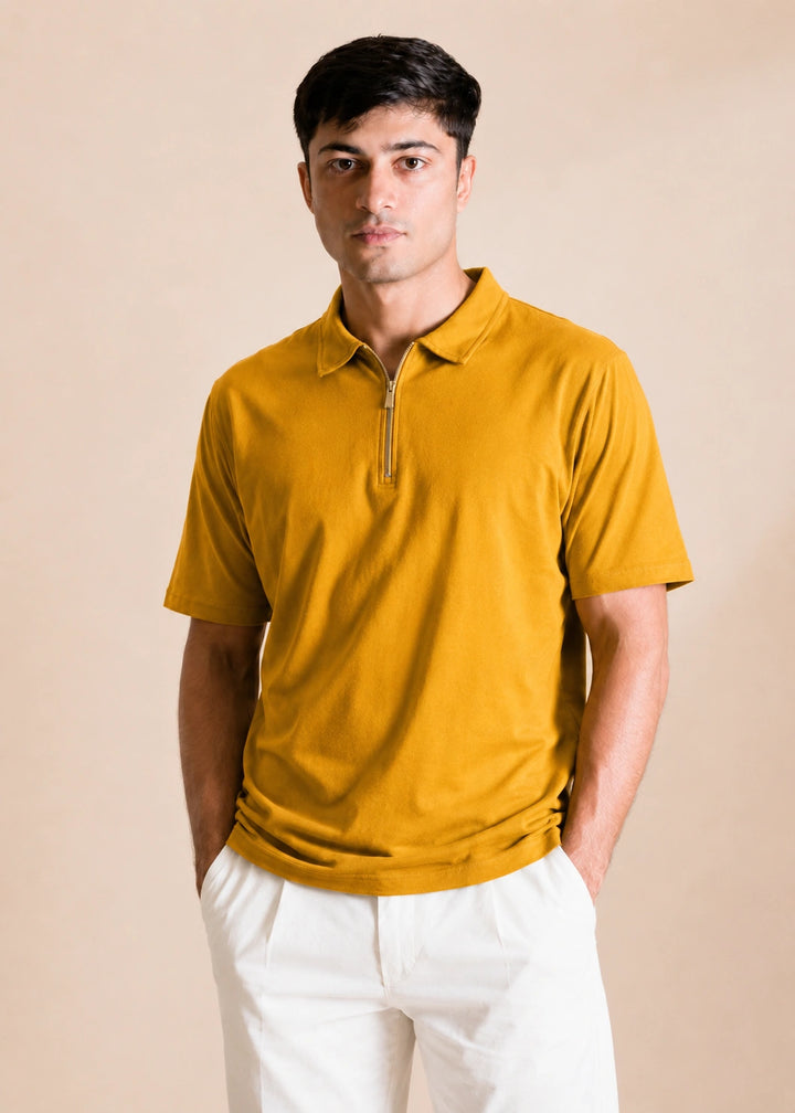 Relaxed Zipper Polo Shirt – Mustard
