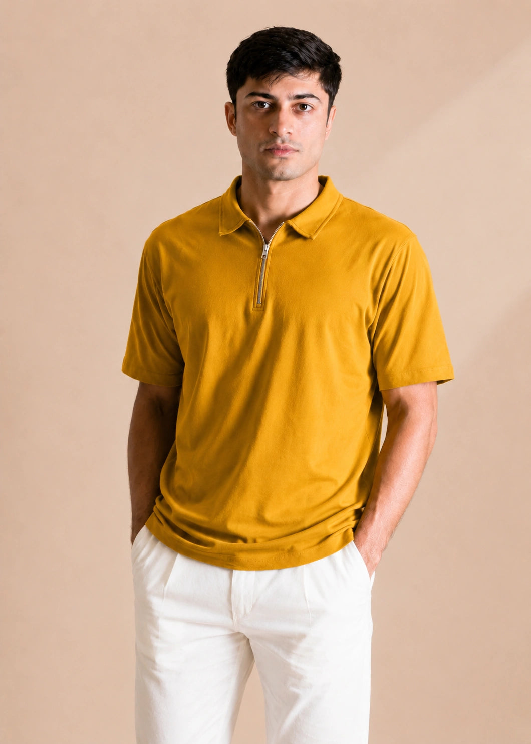 Relaxed Zipper Polo Shirt – Mustard
