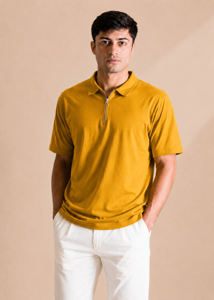 Relaxed Zipper Polo Shirt – Mustard