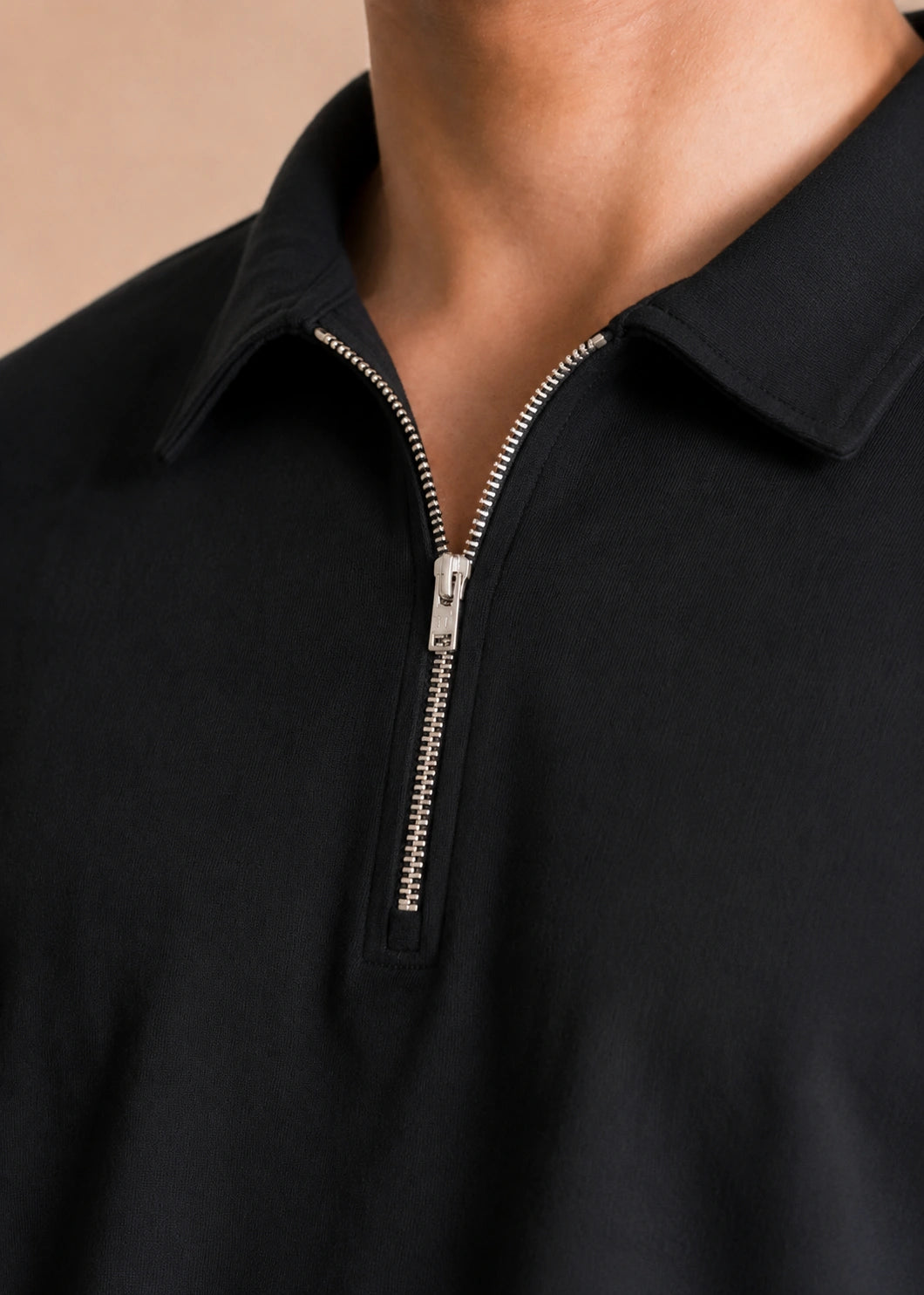Relaxed Zipper Polo Shirt – Black