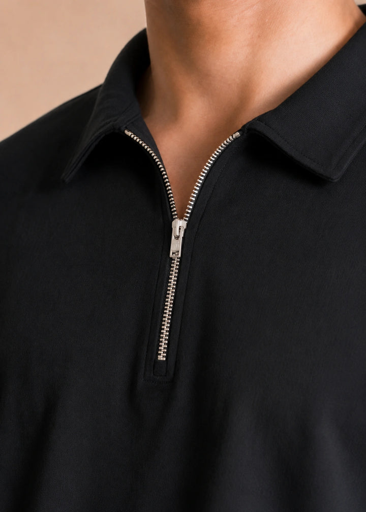 Relaxed Zipper Polo Shirt – Black