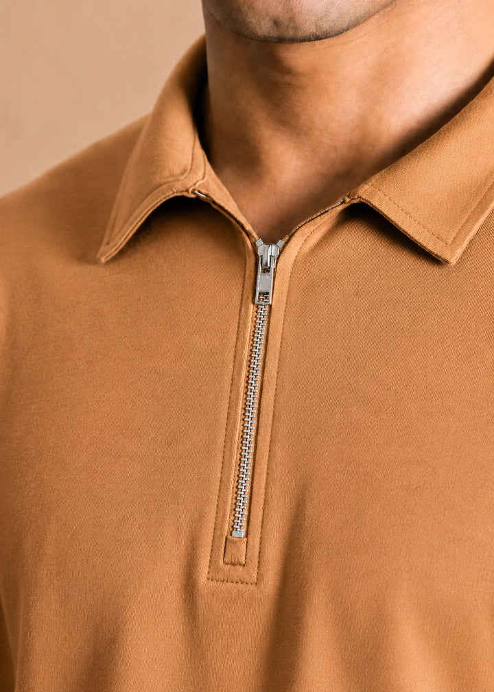 Relaxed Zipper Polo Shirt – Camel Brown