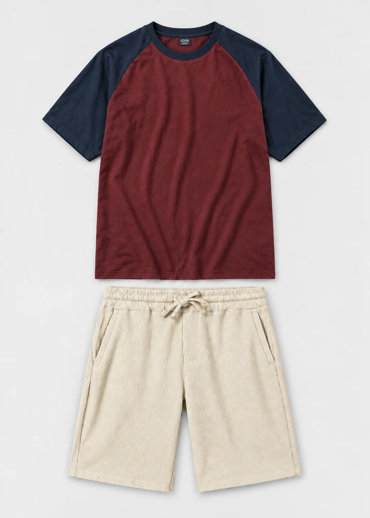 Relaxed Raglan T-Shirt Maroon & Navy & Waffle Knit Resort Shorts