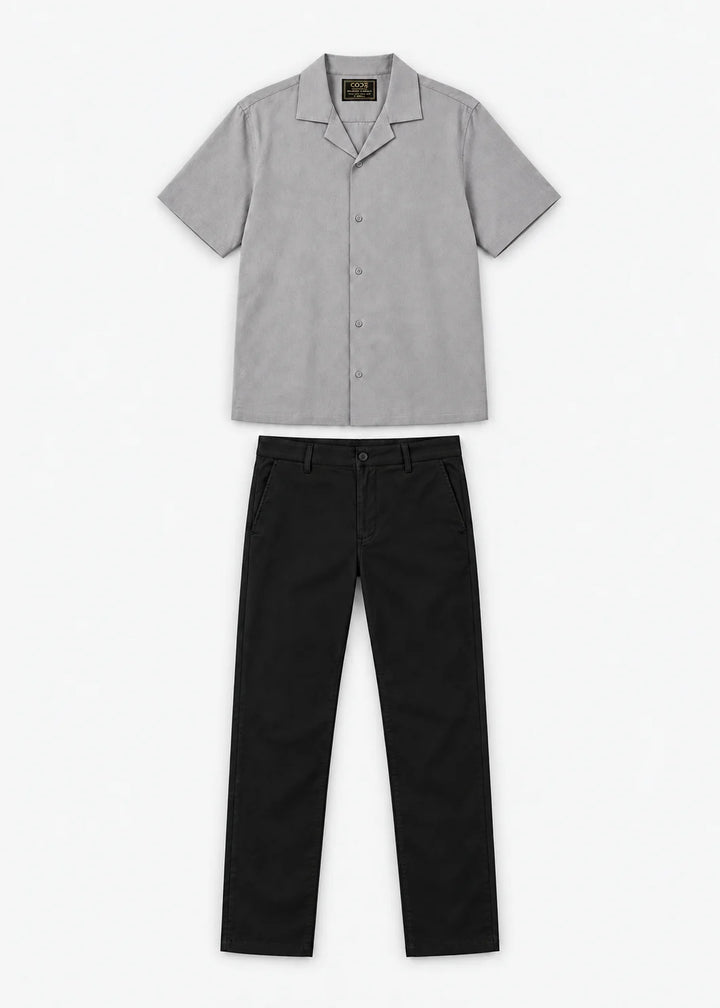 Silver Grey Textured Cuban Collar Shirt & Black Stretch Chinos