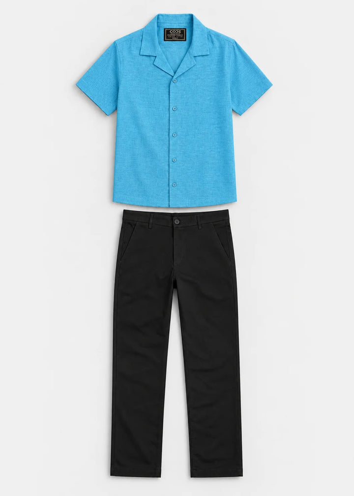 Aqua Blue Textured Cuban Collar Shirt & Black Stretch Chinos