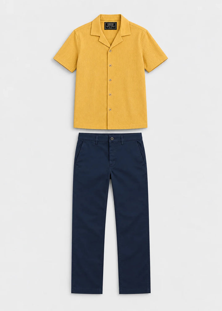 Mustard Textured Cuban Collar Shirt & Blue Stretch Chinos