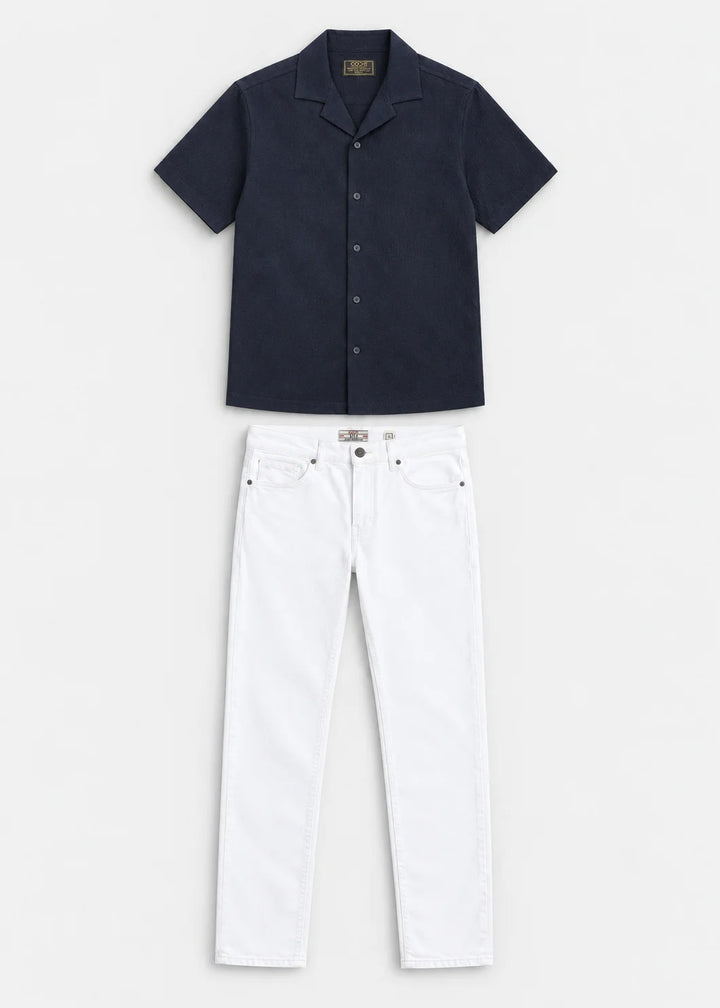 Navy Minimal Textured Cuban Collar Shirt & Pure White Stretch Denim Jeans