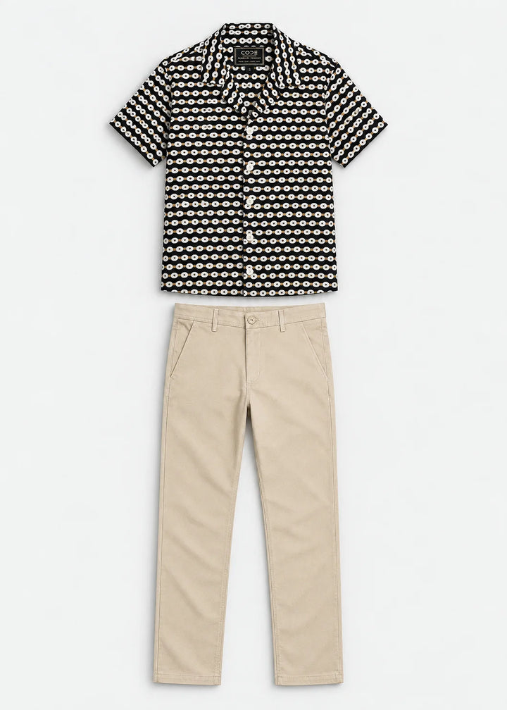 Black Geometric Cuban Collar Shirt & Stone Beige Stretch Chinos