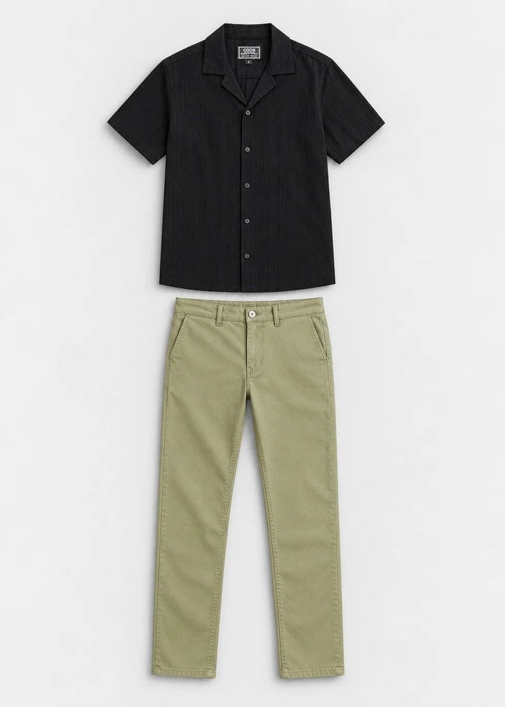 Deep Black Textured Cuban Collar Shirt & Pale Khaki Stretch Chinos
