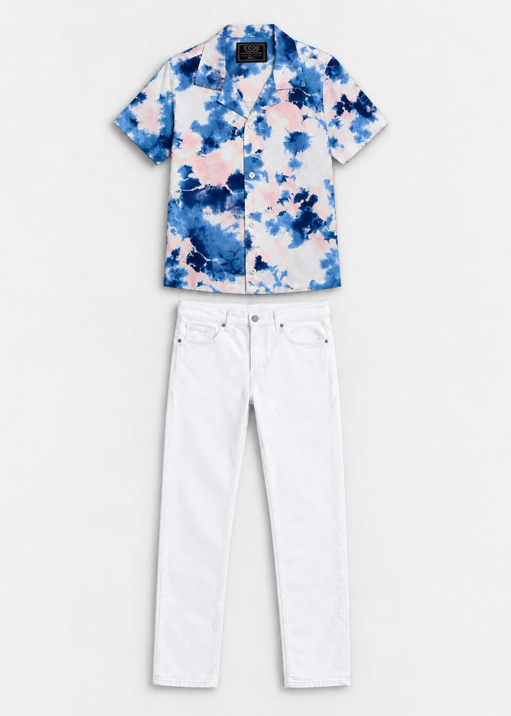 Blue Cloud Print Cuban Collar Shirt & Pure White Stretch Denim Jeans