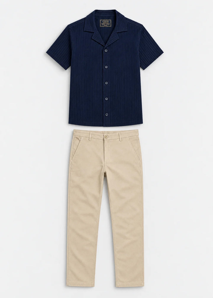 Navy Textured Cuban Collar Shirt & Stone Beige Stretch Chinos