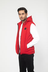 RED SLEEVE LESS HOODED PUFFER JACKET